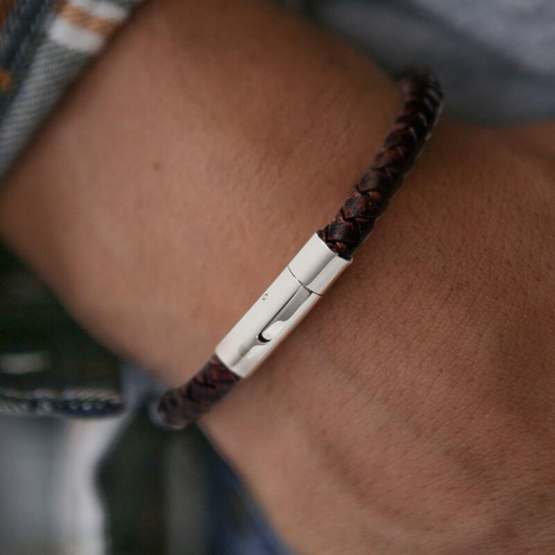 EMF bracelet for men brown braided leather and silver clasp