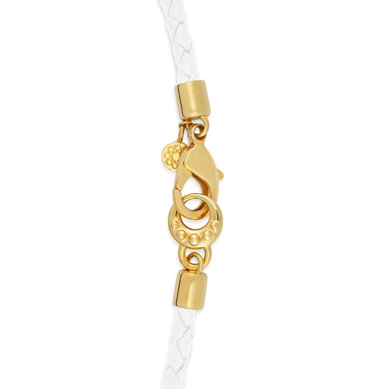 white leather bracelet with gold clasp for health support