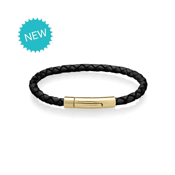 modern EMF blocker bracelet for women black leather and gold