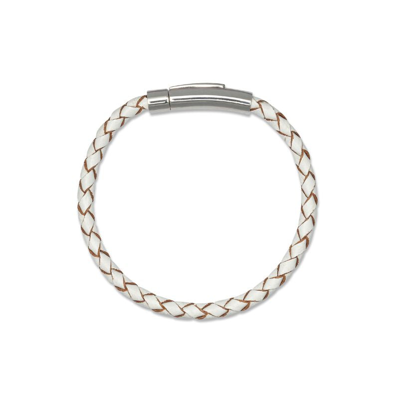 modern EMF bracelet for women in braided white leather and silver clasp