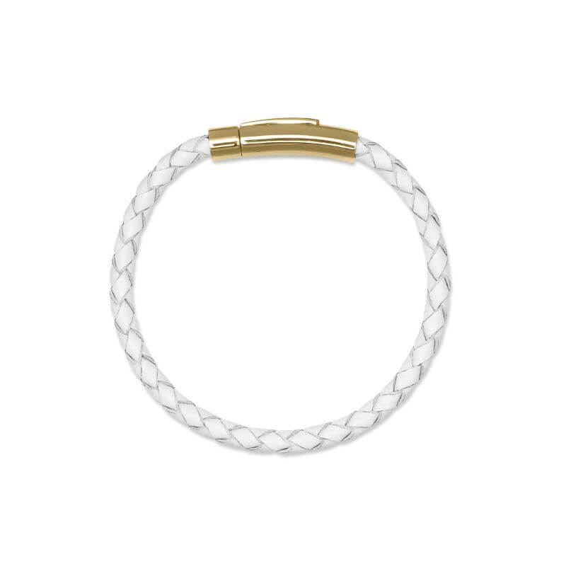 white leather EMF blocker bracelet with gold clasp