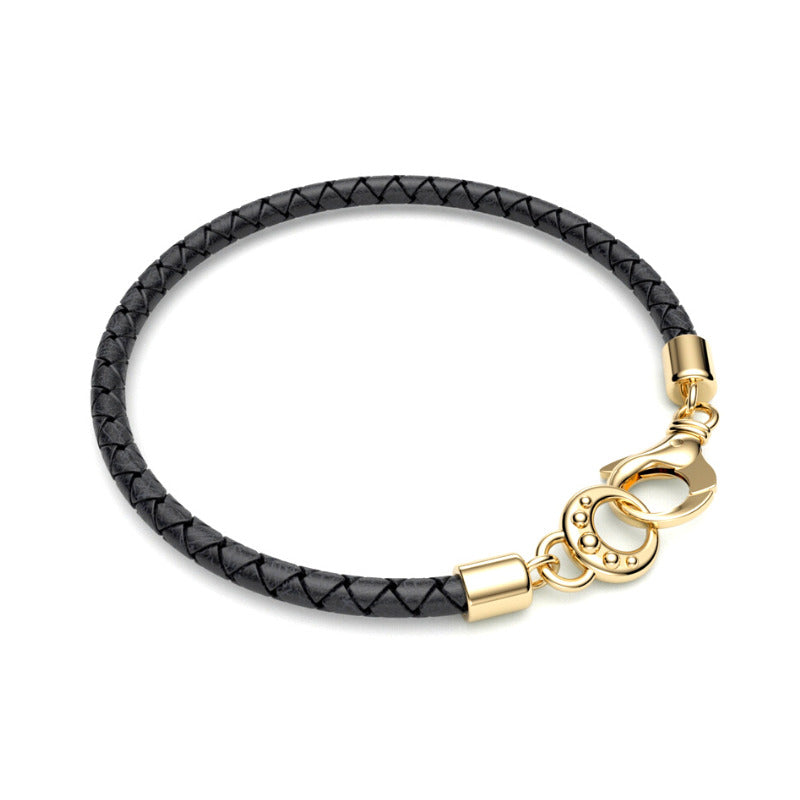 gold and black leather braided health and harmony bracelet