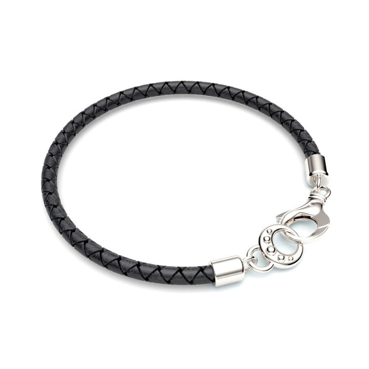 silver and black leather braided health and harmony bracelet